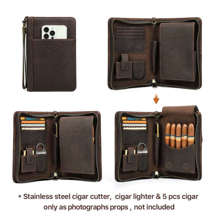 CONTACTS FAMILY CF5009 Genuine Leather Multifunctional Travel Convenient Cigar Box with Wrist Str...