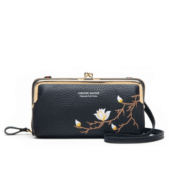 Embroidered Large Capacity Single-shoulder Phone Bag Crossbody Zipper Long Ladies Wallet, Color: ...