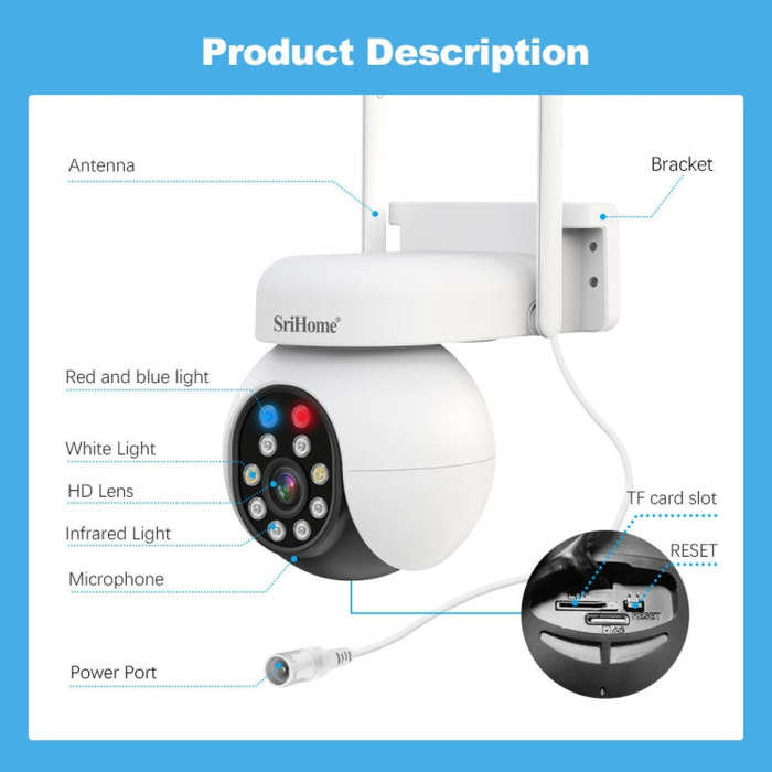 SriHome SH052 Wifi 5MP Wireless PTZ IP AI Auto Tracking Sound&Light Alarm Starlight Color Night V...