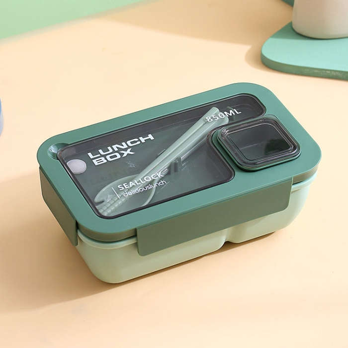 Rectangle Microwaveable Lunch Box Hermetic Bento Box with Spoon Chopsticks(Green)