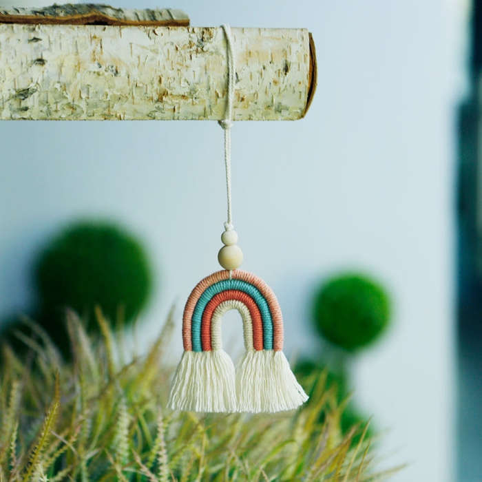 Hand-woven Wood Beads Cotton Rope Rainbow Car Aromatherapy Pendant(Gray)