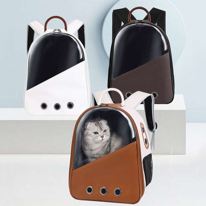 PU Pet Bag Cats And Dogs Outing Carrying Capsule Double Shoulder Backpacks(Model 1 Khaki)