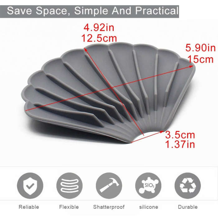 15x12.5x1.5cm Drainable Silicone Soap Box No Hole Deflector Soap Dish Shell Shape Non-Slip Soap H...