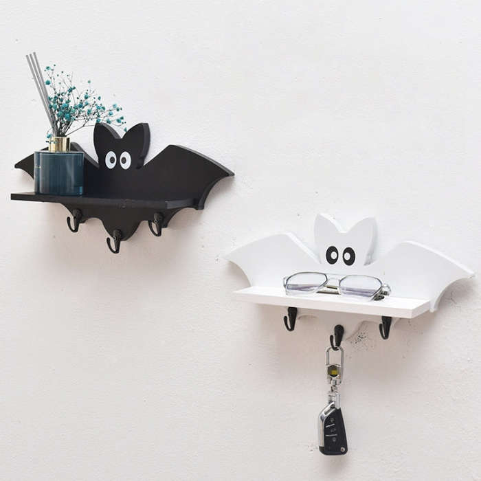 Cartoon Bat Shape Wooden Wall Mount Storage Rack Key Holder 35x17cm(White)
