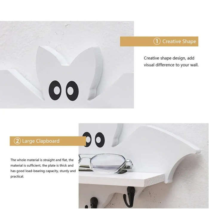 Cartoon Bat Shape Wooden Wall Mount Storage Rack Key Holder 35x17cm(White)