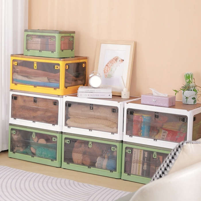 Folding Plastic Storage Box Stackable Storage Organizer with Wheels  37 x 26.5 x 22 cm, Color: Wh...