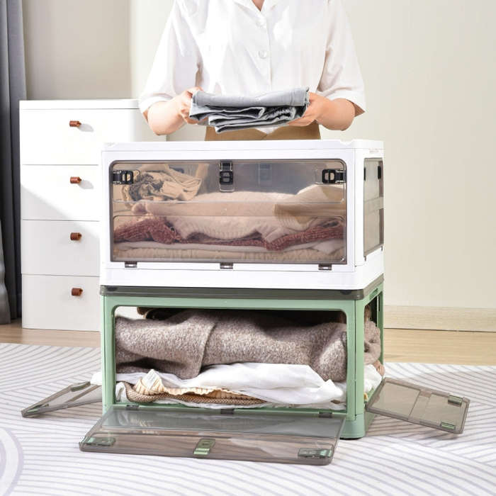 Folding Plastic Storage Box Stackable Storage Organizer with Wheels  37 x 26.5 x 22 cm, Color: Wh...
