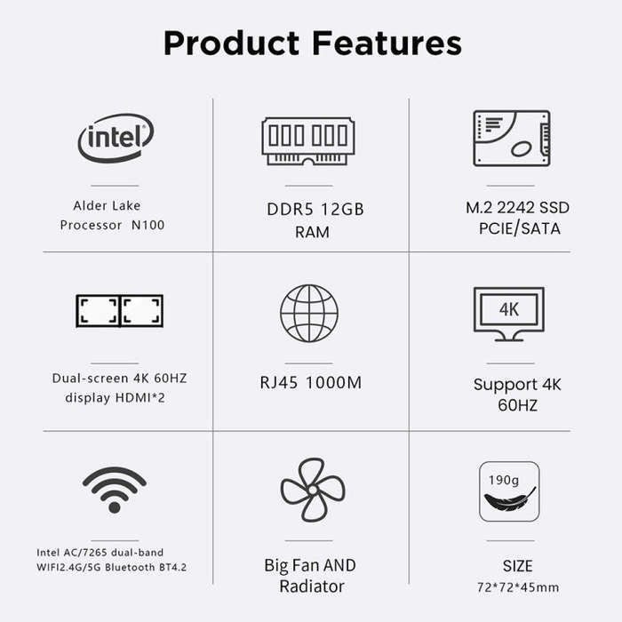 N100/DDR5 12th AlderLake-N100 Dual 4K60Hz Office And Home Mini PC, Spec: 12G+1TB /EU Plug