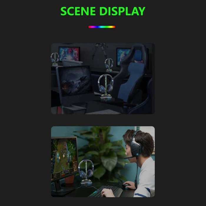 RGB Lighted Headphone Stand With Ambient Light USB Expansion Port Headphone Display Bracket, Styl...