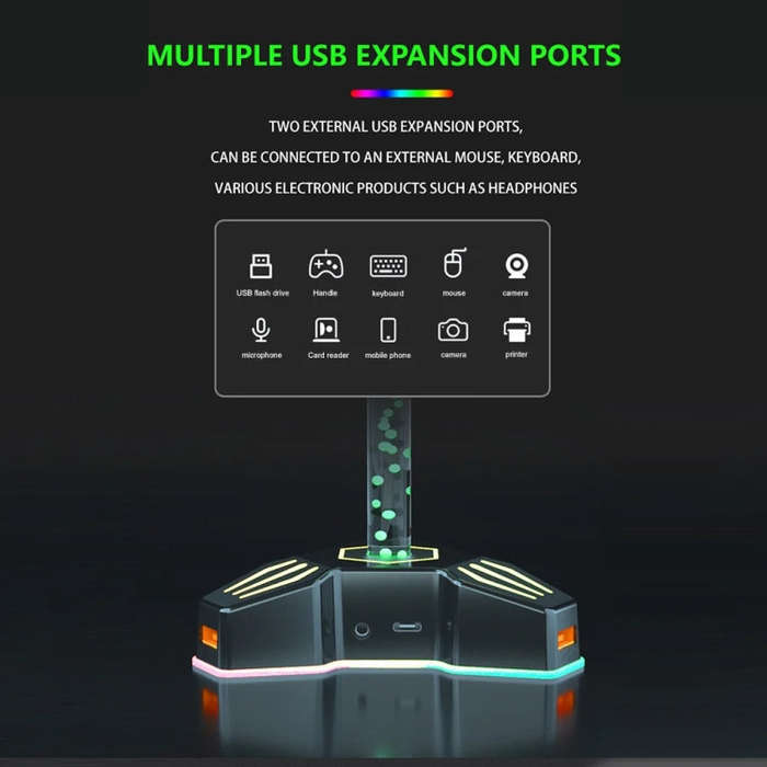 RGB Lighted Headphone Stand With Ambient Light USB Expansion Port Headphone Display Bracket, Styl...