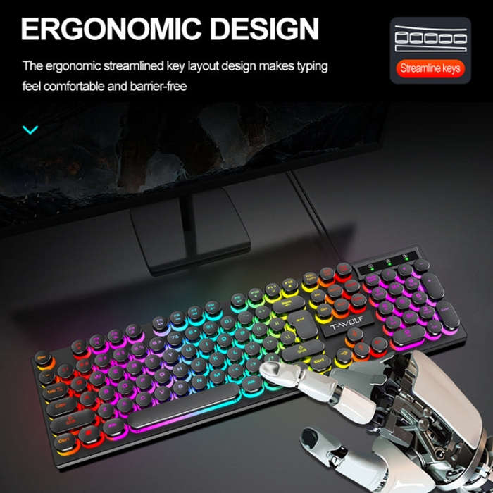 T-WOLF T80 104-Keys RGB Illuminated Office Game Wired Punk Retro Keyboard, Color: Black
