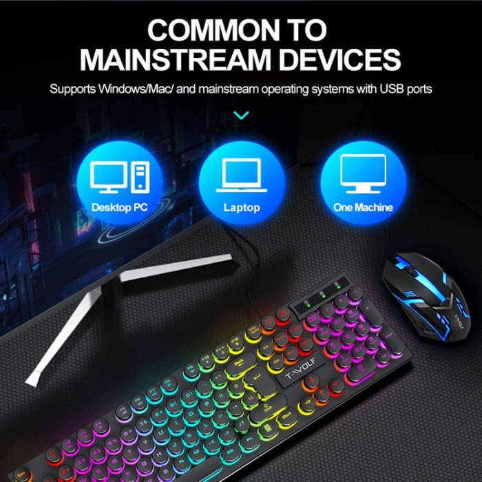 T-WOLF T80 104-Keys RGB Illuminated Office Game Wired Punk Retro Keyboard, Color: Black
