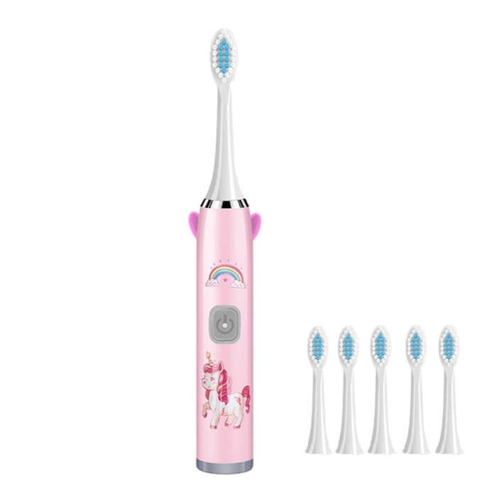 USB Charging Fully Automatic Ultrasonic Cartoon Children Electric Toothbrush, Color: Pink with 6 ...