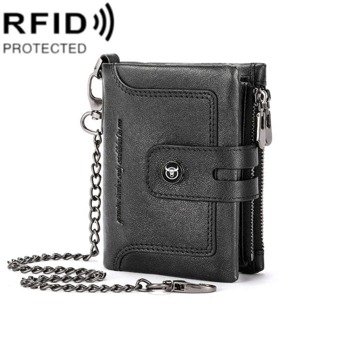 BULL CAPTAIN 088 RFID Anti-Theft Zipper Buckle Multi-Card Slot Cowhide Vertical Wallet(Black)