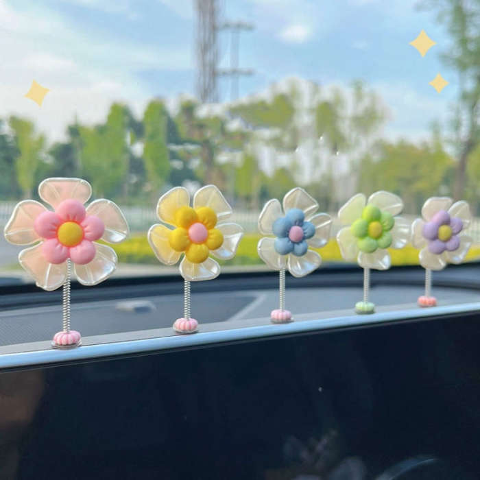 5pcs /Set Cute Cartoon Flower Car Shaking Ornament Car Dashboard Decoration, Style: Transparent G...
