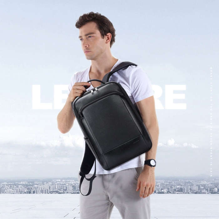 Bopai 61-123311 Large-Capacity First-Layer Cowhide Business Laptop Backpack(Black)