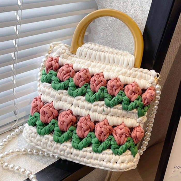 Homemade Tulip Hand Knitting Bag Cloth Strip Line DIY Material Kit With Pearl Shoulder Strap(Beig...