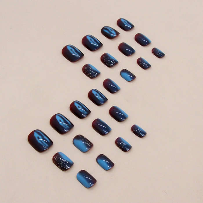 24pcs /Box Short Press On Nails Bling Aurora Nail Galaxy Blue Glitter Fake Nails(W1079)