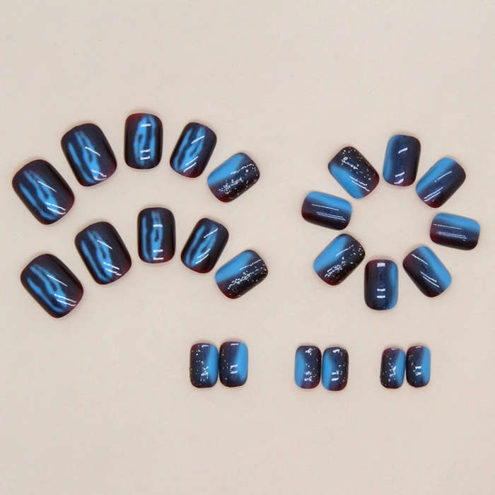 24pcs /Box Short Press On Nails Bling Aurora Nail Galaxy Blue Glitter Fake Nails(W1079)