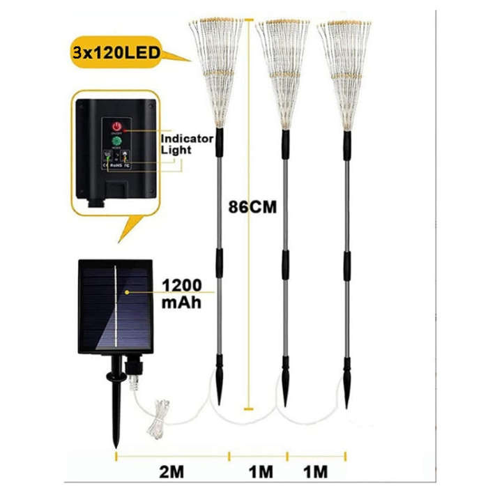 1 Drag 3 Warm Light 360 LEDs Solar Fireworks Lamp Grass Globe Dandelion Flash String With Remote ...