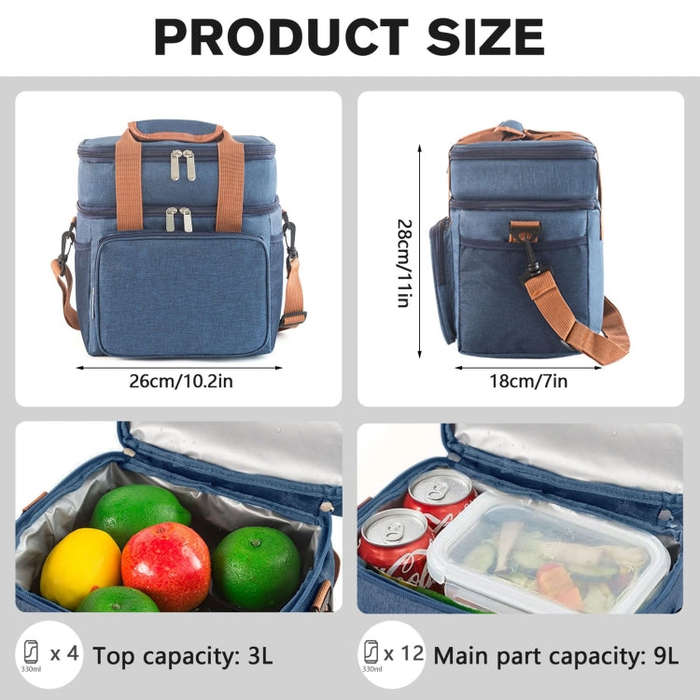 Double Layer Insulated Lunch Bag Large Capacity Food Cooler Bag with Shoulder Strap(Grey)