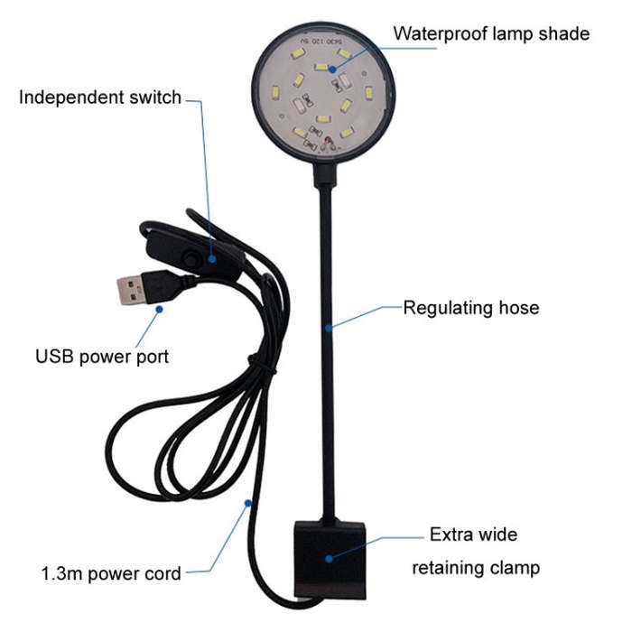 5W Fish Tank LED Clip Light USB Plug Lighting Aquarium Translucent Aquatic Plants Lamp(Black)