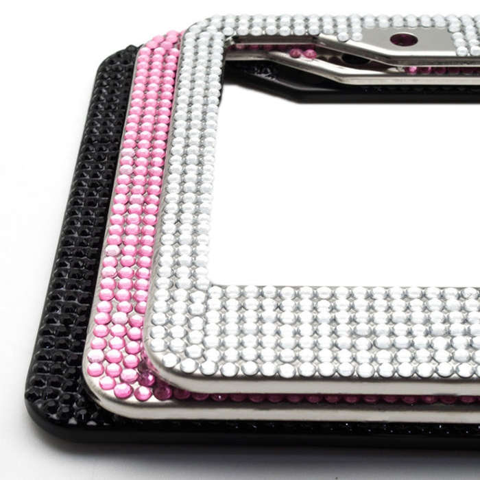 US Standard Stainless Steel License Plate Modified Frame With Diamonds, Color: Round Hole Pink Di...