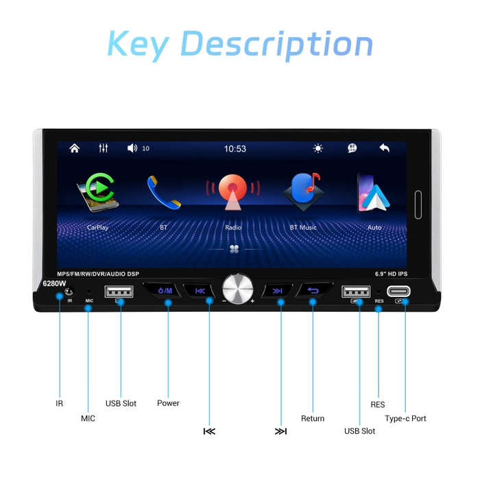 Single Spindle 6.9 inch MP5 With Knob Player Carplay Function Car MP4 Backup Camera, Specificatio...