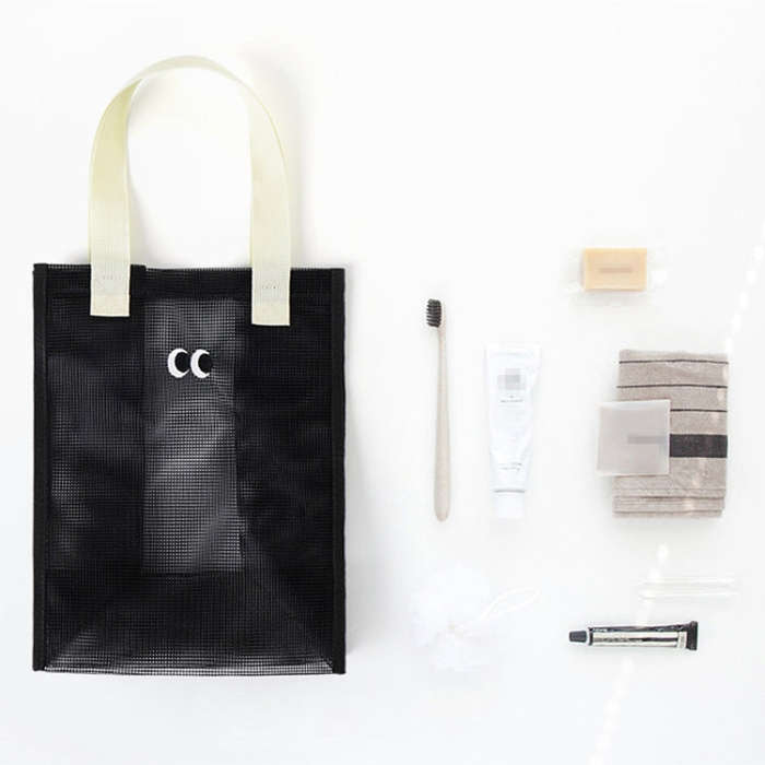 Mesh Portable Beach Bag with Cute Eyes Swimming Toiletry Storage Packet(Black)