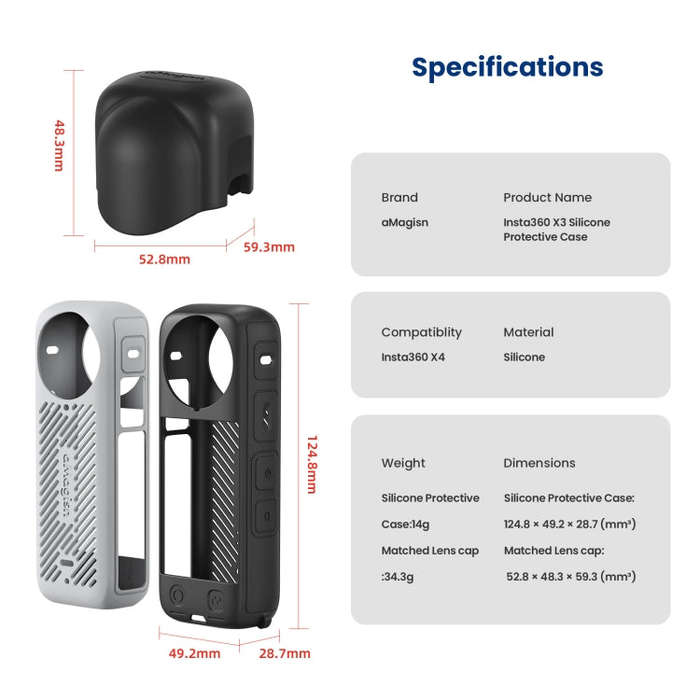 For Insta360 X4 AMagisn Silicone Protective Cover Body Case + Lens Cover Black