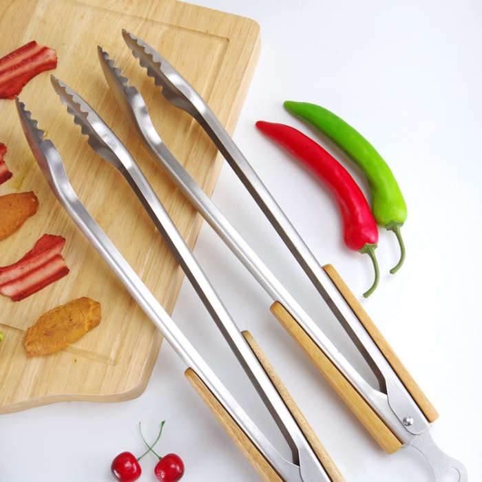 Household Stainless Steel Food Clip Kitchen Baking Barbecue Clamp, Model: Acacia Wooden Handle