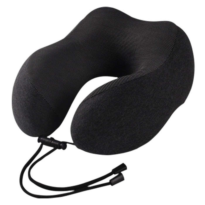 Knitted Cotton U-Shaped Memory Foam Pillow Portable Travel Neck Care Pillow(Black Gray)