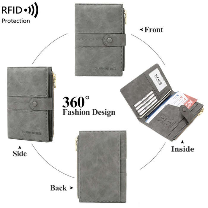 RFID Anti-theft Multi-card Slot Document Bag Multifunctional Zipper Travel Passport Bag(Grey)