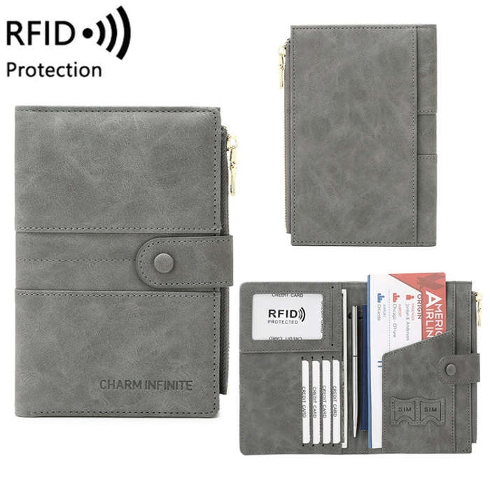 RFID Anti-theft Multi-card Slot Document Bag Multifunctional Zipper Travel Passport Bag(Grey)