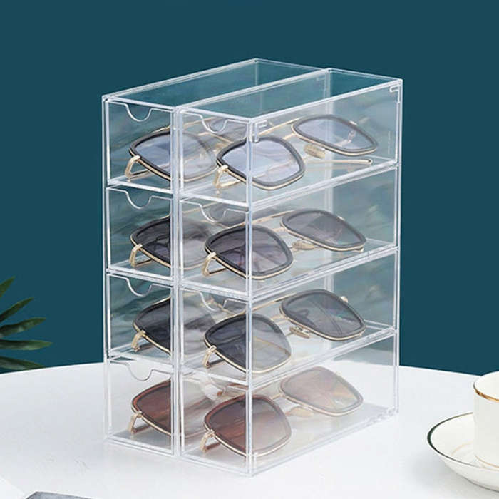 4-Layer Acrylic Stackable Desktop Eyeglasses Display Case Dustproof Drawer Storage Box(Transparency)