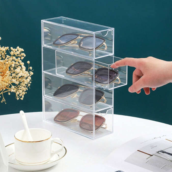 4-Layer Acrylic Stackable Desktop Eyeglasses Display Case Dustproof Drawer Storage Box(Transparency)
