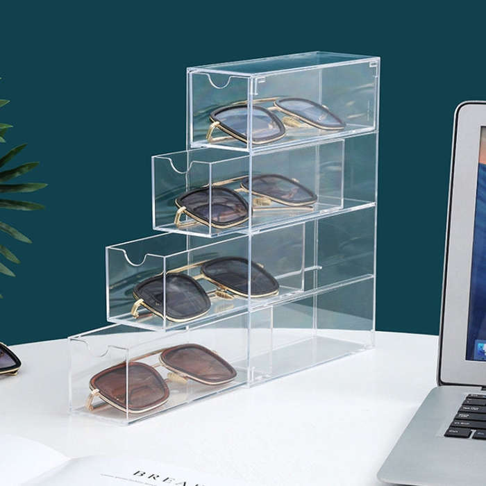 4-Layer Acrylic Stackable Desktop Eyeglasses Display Case Dustproof Drawer Storage Box(Transparency)