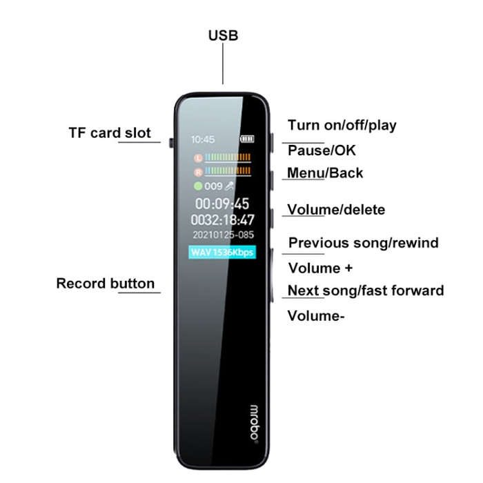 Mrobo RV18 0.96-Inch Color Screen Smart Noise Reduction Recording Pen, Capacity: 16 GB(Flagship)