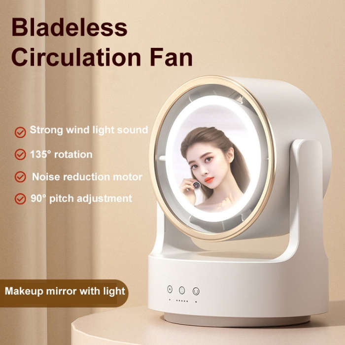 3 In 1 Multifunctional Desktop Fan with LED Light Cosmetic Mirror Rechargeable Oscillating