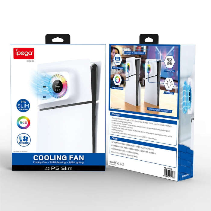 For PS5 Slim ipega PG-P5S019 Temperature Control Cooling Fan Face Cover Cooler + USB HUB with RGB...