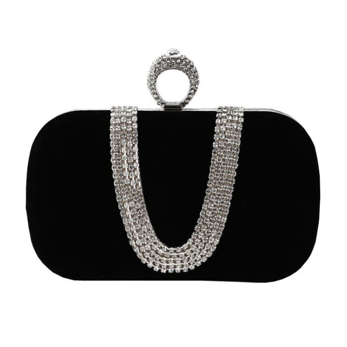 U-Shape Embellished Evening Bag Ladies Banquet Evening Clutch Bag(Black)