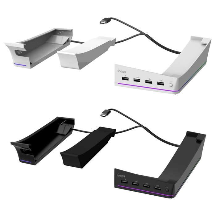 For Sony PS5 Slim IPEGA PG-P5S021 RGB Light Host Horizontal Stand With 4 USB HUBs, Color: White