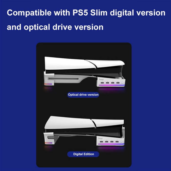 For Sony PS5 Slim IPEGA PG-P5S021 RGB Light Host Horizontal Stand With 4 USB HUBs, Color: White