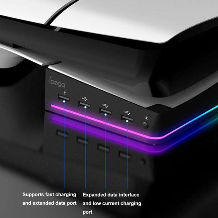 For Sony PS5 Slim IPEGA PG-P5S021 RGB Light Host Horizontal Stand With 4 USB HUBs, Color: White