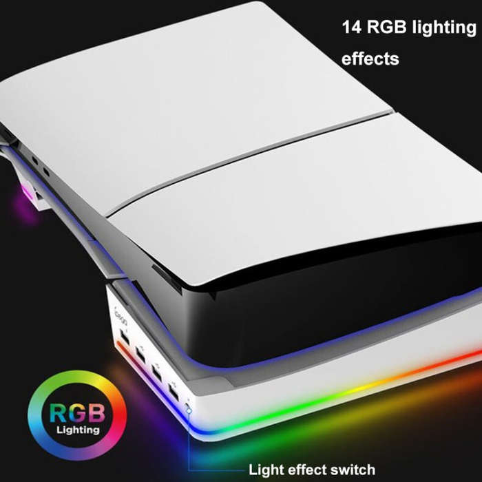 For Sony PS5 Slim IPEGA PG-P5S021 RGB Light Host Horizontal Stand With 4 USB HUBs, Color: White