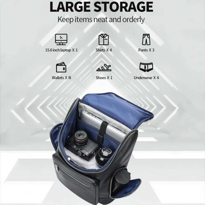 Bopai 61-122431 Large-capacity First-layer Cowhide Business Waterproof Laptop Backpack(Black)