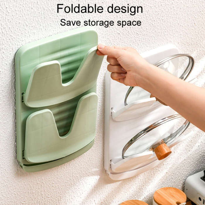 Wall Mounted Pot Lid Holder Kitchen Double Layer Multifunctional Folding Rack(White)