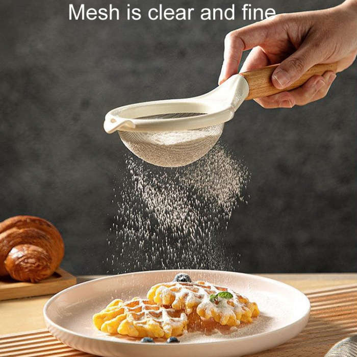 Household Stainless Steel Flour Sifter Kitchen Baking Strainer, Style: Wooden Handle