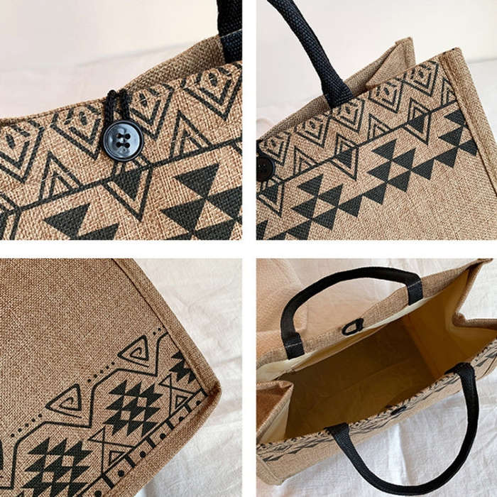 Nation Style Printing Handbag Simple Large Capacity Linen Tote Bag(Semicircle)