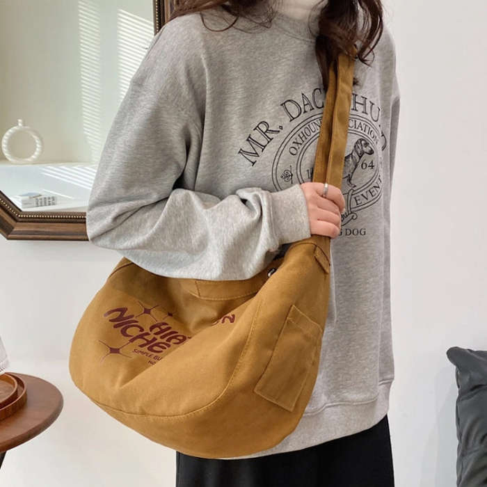 Large Capacity Canvas Bag Women Tote Printed Letter Casual Simple Shoulder Bag(Khaki)